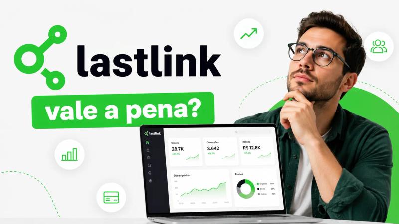 Lastlink vale a pena? Homem analisando a plataforma em notebook com painel de vendas, métricas, pagamentos e crescimento da Lastlink.