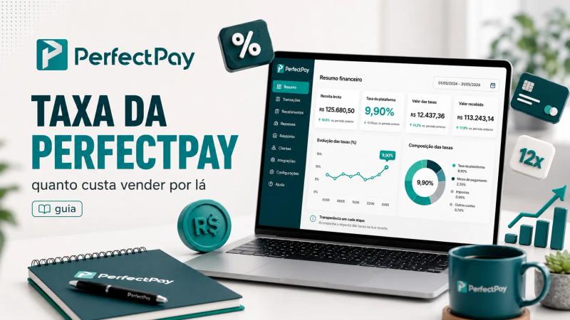 Imagem de capa sobre as taxas da PerfectPay, com a logo da marca, título “Taxas da PerfectPay”, notebook exibindo um painel financeiro com taxa de 6,99% e ícones de porcentagem, parcelamento, crescimento e valores em reais.