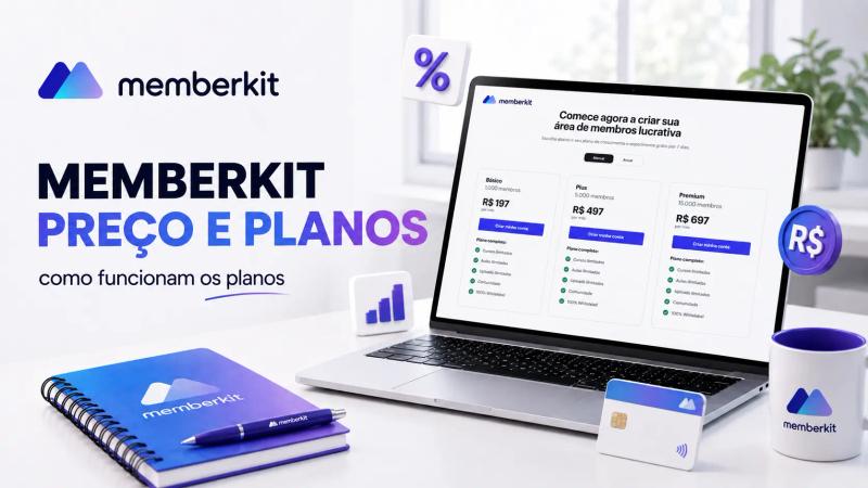 Memberkit preço e planos: notebook exibindo os planos Básico, Plus e Premium da plataforma, com valores mensais e recursos de cada assinatura.