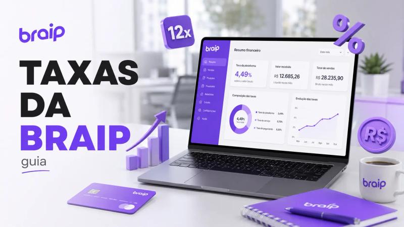 Imagem com a taxa da plataforma Braip, com um painel financeiro, gráficos, percentuais e ícones de pagamentos.