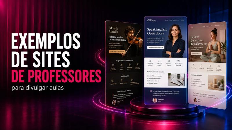 Exemplos de sites de professores para divulgar aulas online, com páginas profissionais para cursos online e presenciais.