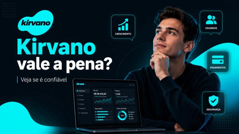 Imagem de capa sobre a Kirvano, com a logo da plataforma, homem em pose reflexiva, notebook exibindo um painel de vendas e métricas e ícones de crescimento, usuários, pagamentos e segurança, acompanhada do texto “Kirvano vale a pena? Veja se é confiável”.