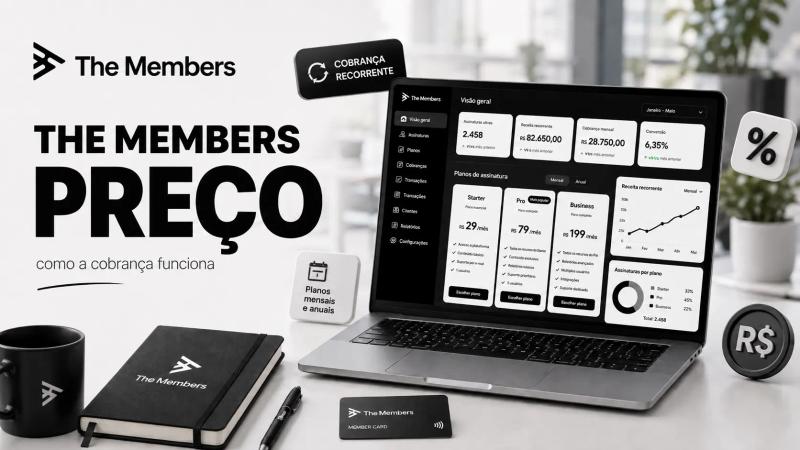 The Members preço e planos: imagem com a logo da The Members em destaque, notebook exibindo uma interface de planos e preços.