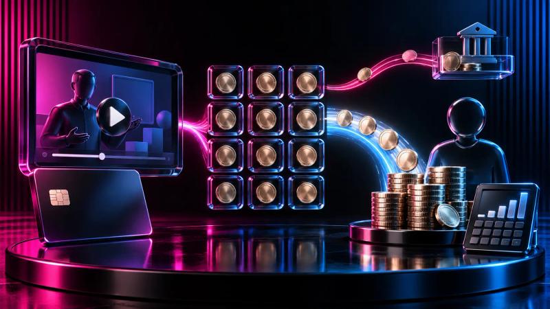 Ilustração de uma venda de curso online dividida em 12 parcelas, com parte do pagamento destinada ao vendedor e outra à instituição financeira, representando os juros. Fundo escuro com iluminação magenta e azul.