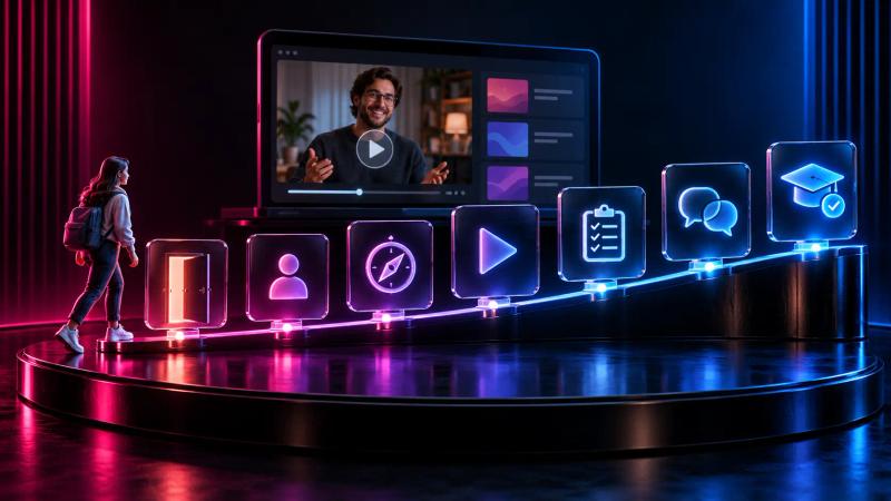 Aluna percorre uma jornada com sete etapas de onboarding em um curso online, representadas por ícones, com uma videoaula ao fundo e iluminação magenta e azul.