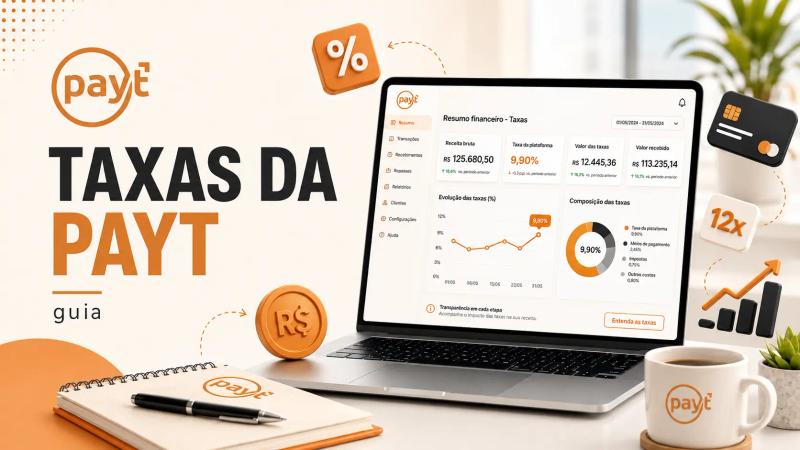 Imagem de capa sobre taxas da Payt, com a logo da marca, título “Taxas da Payt”, notebook exibindo um painel financeiro, além de ícones de porcentagem, cartão, parcelamento e gráfico de crescimento em tons de laranja.