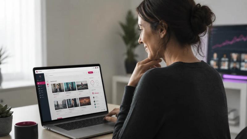 Mulher utilizando uma plataforma de cursos online em um notebook, com painel de aulas e indicadores de crescimento ao fundo.