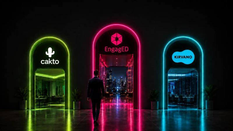 Homem de terno diante de três portais iluminados com as marcas Cakto e Kirvano, com a EngagED em destaque no portal central em magenta, representando uma alternativa entre as duas plataformas.