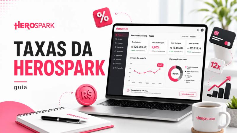 Capa sobre a taxa da plataforma Herospark, com um painel financeiro, gráficos, percentuais e ícones de pagamentos.