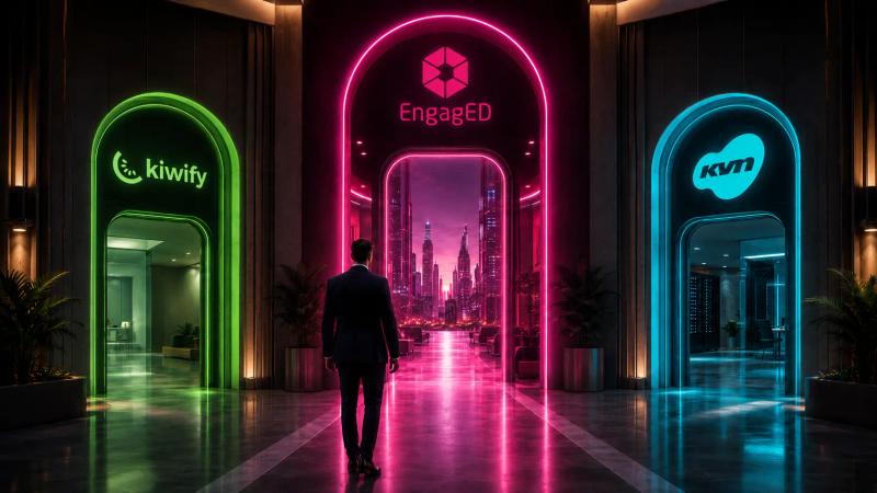 Homem de terno diante de três portais iluminados com as marcas Kiwify, EngagED e Kirvano, com a EngagED em destaque no caminho central em magenta, representando uma terceira alternativa entre as plataformas.