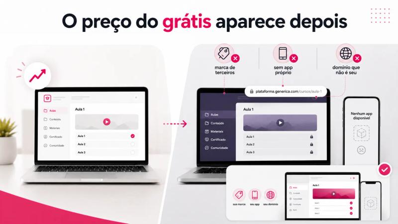Duas telas de notebook comparam uma plataforma genérica com marca de terceiros à esquerda com uma plataforma personalizada com marca própria, domínio e área de membros gratuita à direita; ícones destacam as principais diferenças.