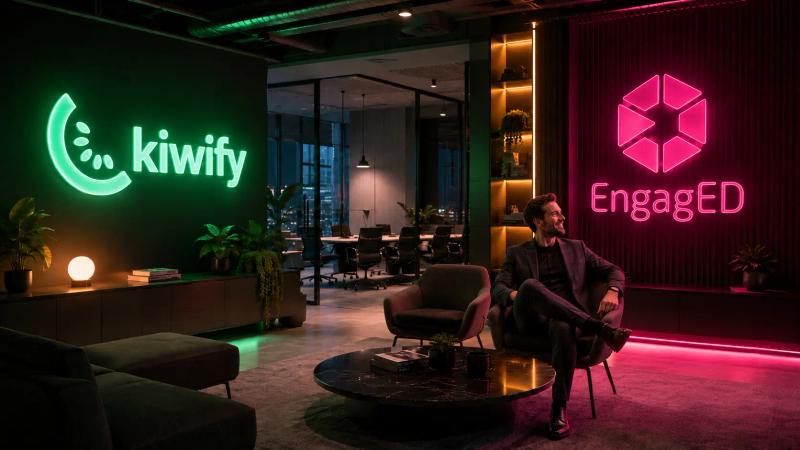 Escritório moderno com letreiros neon da Kiwify e EngagED, enquanto um profissional sorri e olha para a marca EngagED.