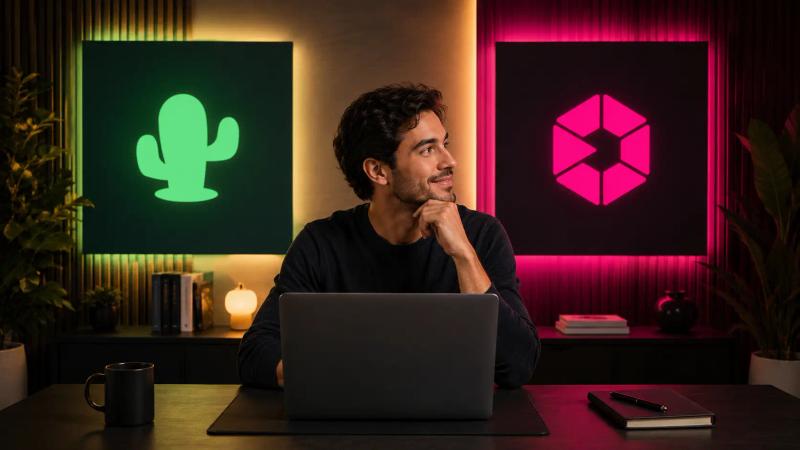 Homem sentado à mesa com um notebook, olhando para o lado na logo da EngagED. Atrás dele, há dois letreiros de neon quadrados: um verde com a logo da plataforma Cakto e um rosa com a logo da EngagED.