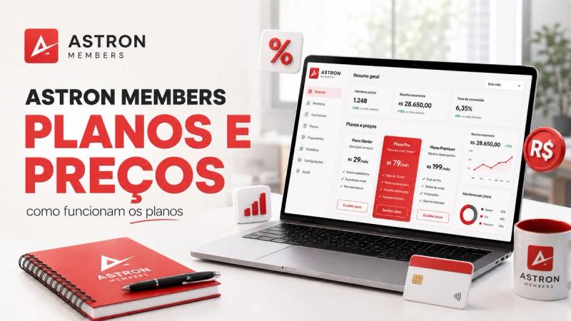 Capa sobre planos e preços da Astron Members, com logo da marca em destaque, notebook exibindo opções de assinatura e elementos visuais relacionados a pagamentos e desempenho.