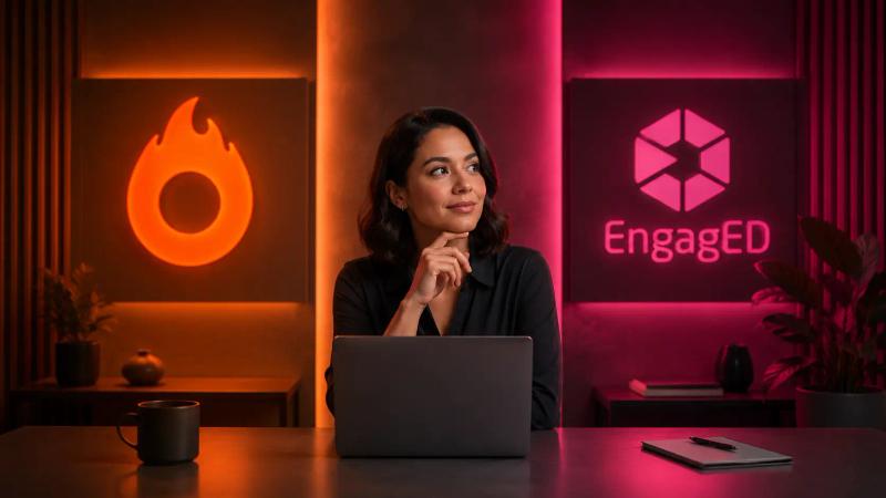 Profissional diante de um notebook entre as logos da Hotmart e da EngagED, em ambiente de estúdio com iluminação laranja e magenta.