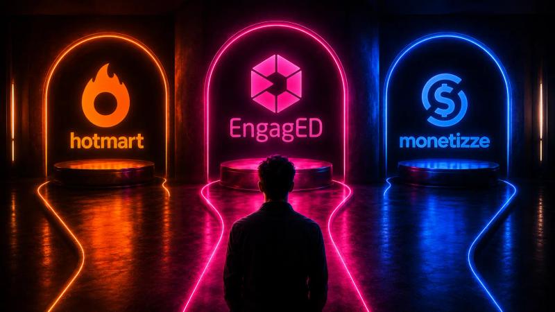 Hotmart ou Monetizze: comparação visual entre as duas plataformas, com a EngagED em destaque no centro como terceira alternativa para vendas e produtos digitais.