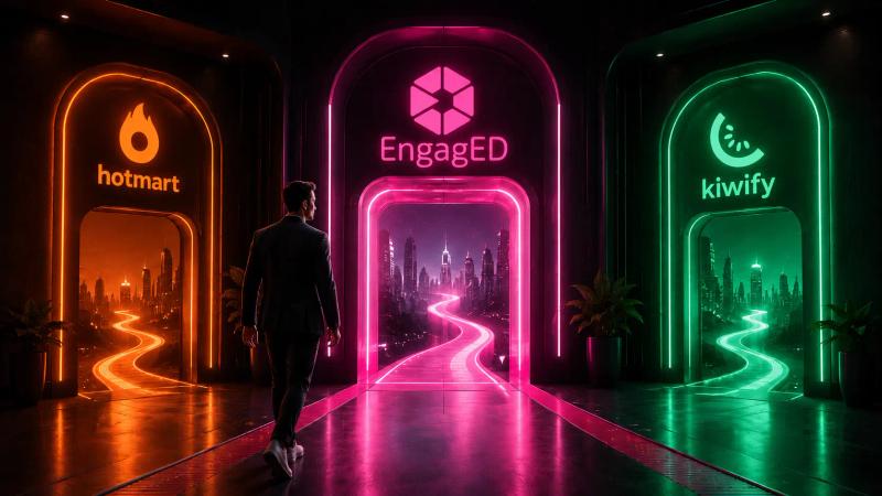 Profissional caminha em direção ao portal iluminado da EngagED, entre as opções Hotmart e Kiwify, representando uma terceira alternativa para negócios digitais.