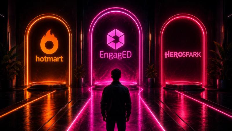 Comparativo visual entre Hotmart e Herospark, com a EngagED ao centro em destaque, mostrando três portais neon em um cenário futurista para representar a escolha entre plataformas de cursos e infoprodutos.