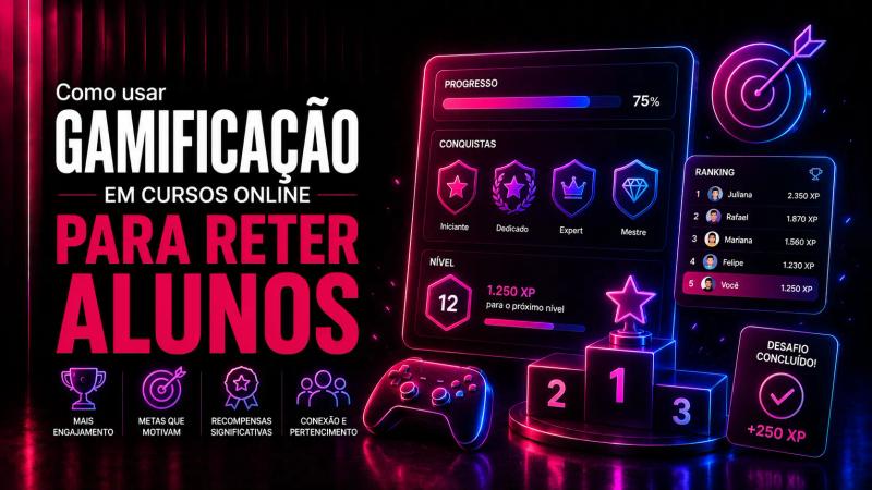 Gamificação em cursos online para reter alunos, com ranking, níveis, recompensas, desafios e acompanhamento de progresso.