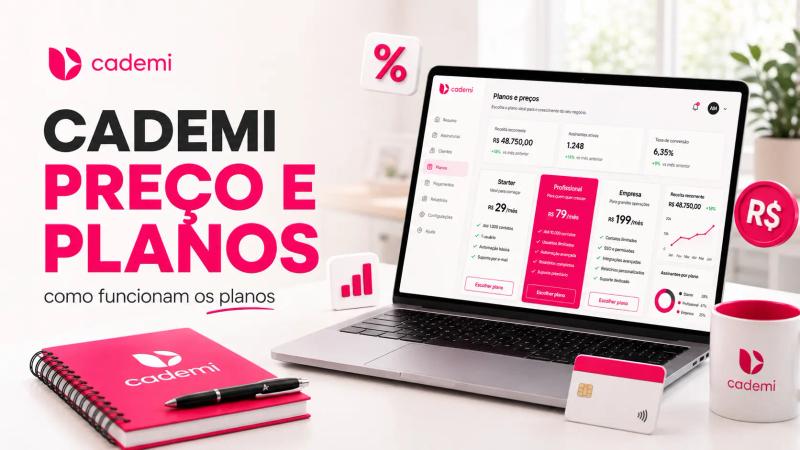 Imagem de capa sobre preços e planos da Cademi, com a logo da marca em destaque, notebook exibindo opções de assinatura e elementos visuais relacionados a pagamentos, métricas e crescimento.