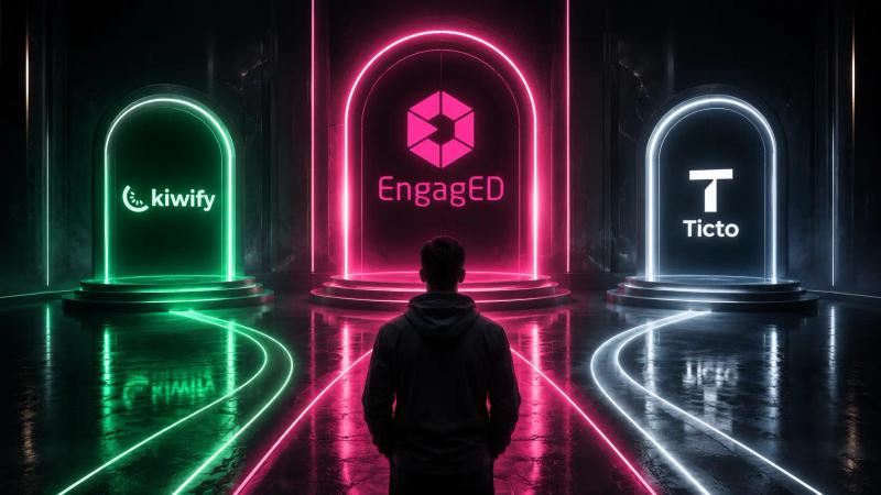 Kiwify ou Ticto: comparação entre plataformas digitais com a EngagED em destaque como terceira alternativa para produtores e negócios online.