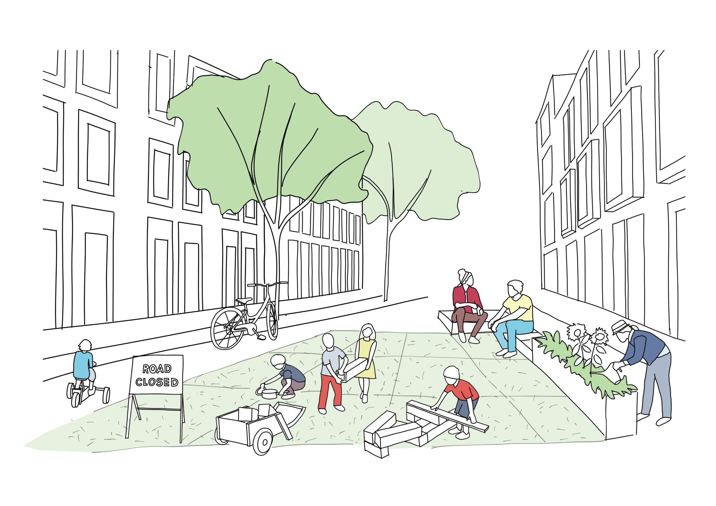 A sketch of a streetscape with three-storey buildings each side and children playing on the street while seated parents sit under trees and watch. A sign reads 'road closed'