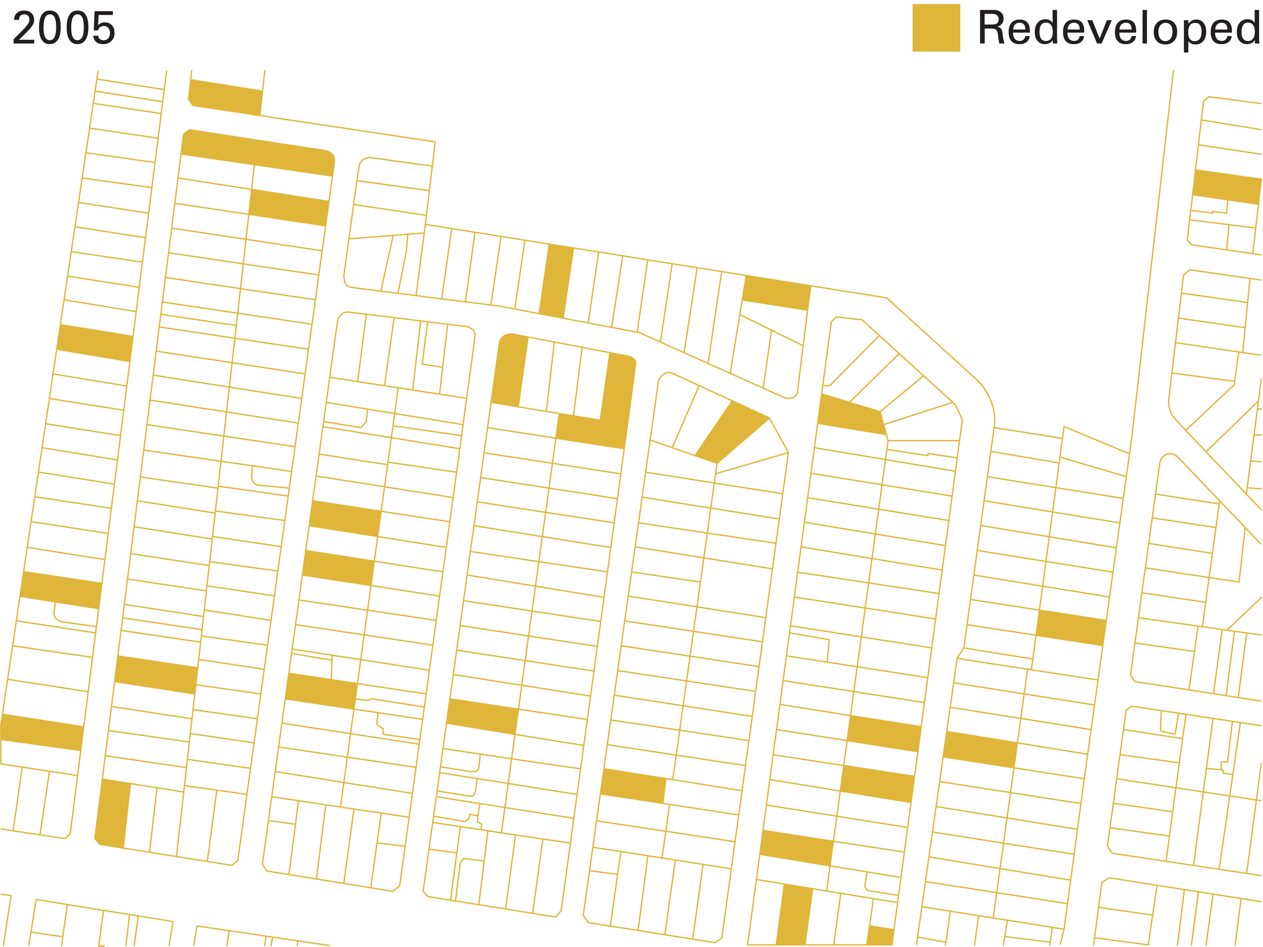 A GIF showing a grid street network with individual lots highlighted in yellow demonstrating growing redevelopment activity between 2005 and 2016