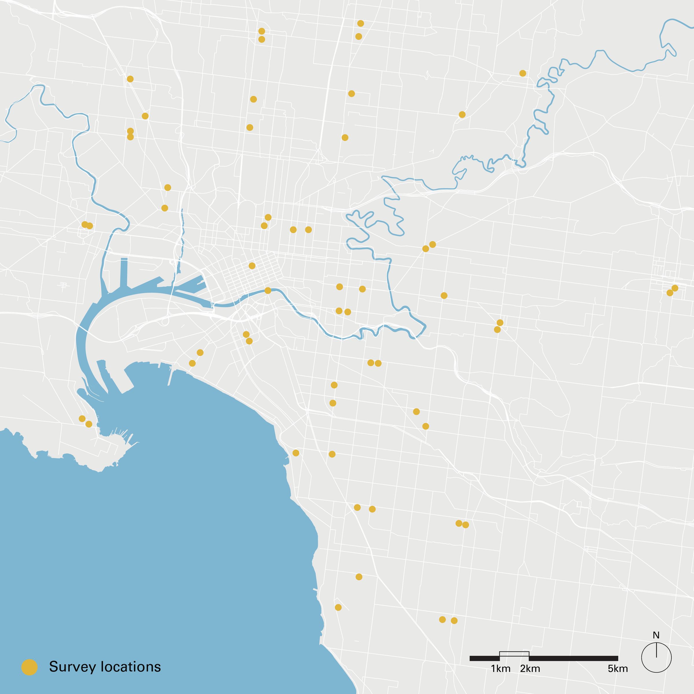 A grey map of inner-Melbourne with 57 black dots spread across the map