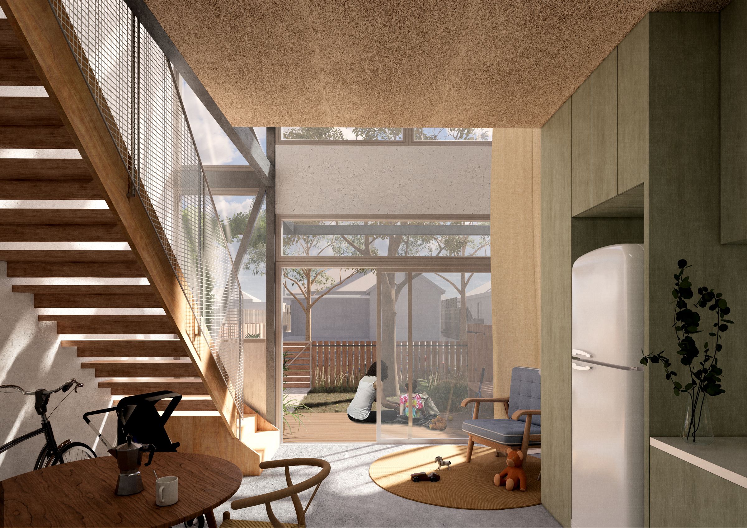 Visualisation of the interior of the Future Homes Exemplar Project. The image shows a light filled open plan living area and kitchen with residents sitting on a small deck out the front for the home.