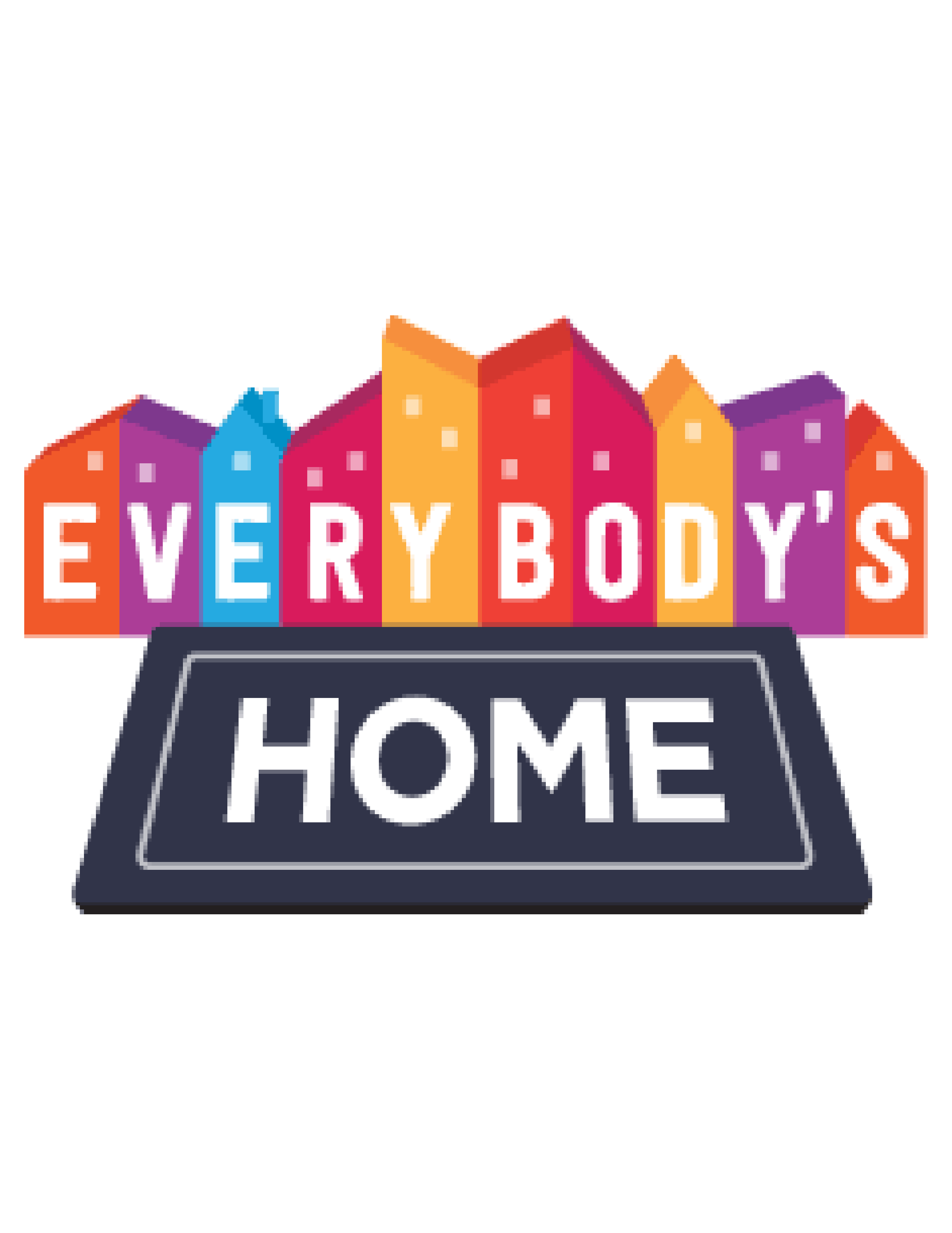 A colourfull logo of a cityscape with the word 'everybody' spelled out with a letter on each building and the word 'home' on a large doormat underneath the buildings
