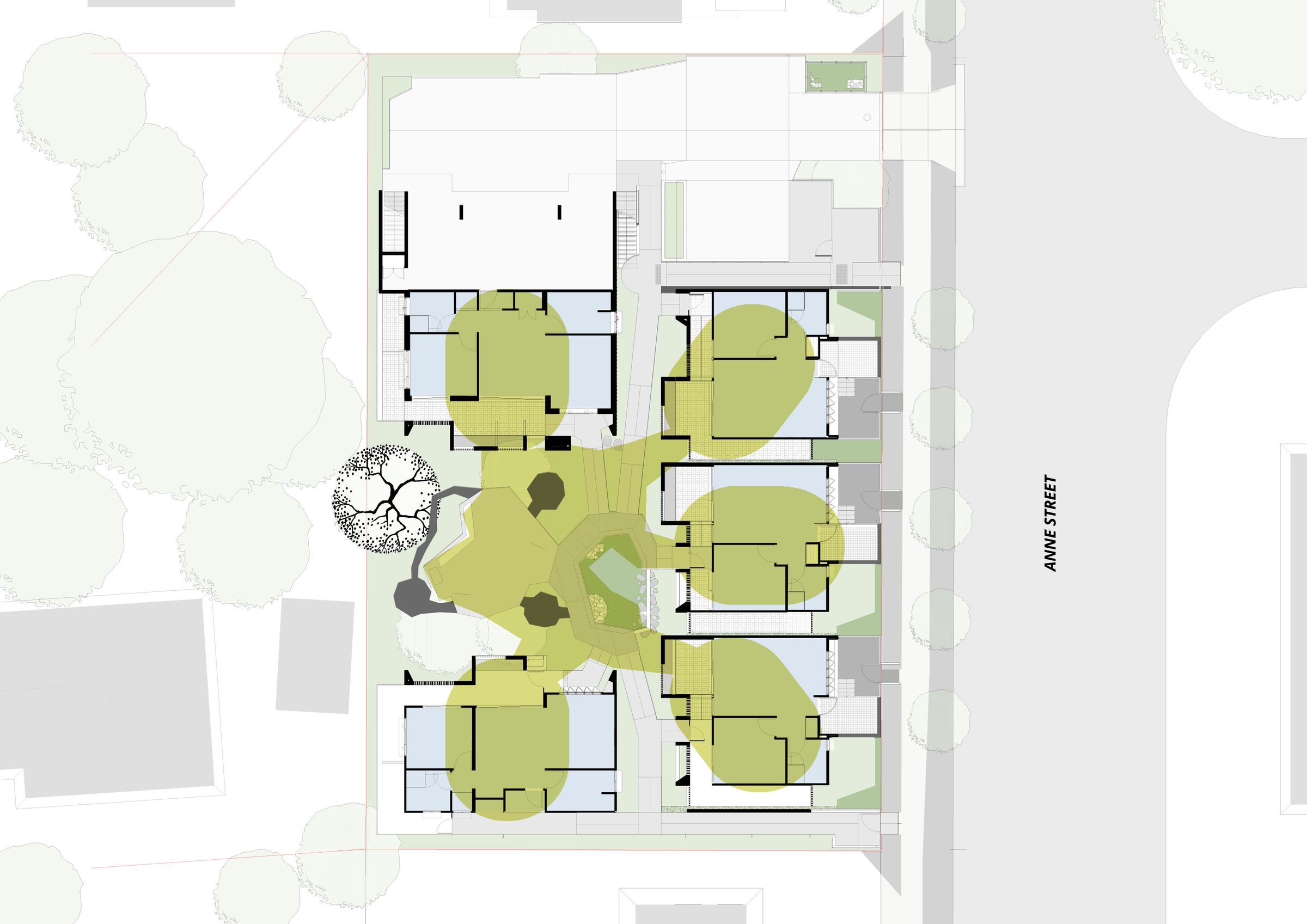 Site diagram showing the 'village atmosphere as a green form that extends from the central communal courtyard into each unit.