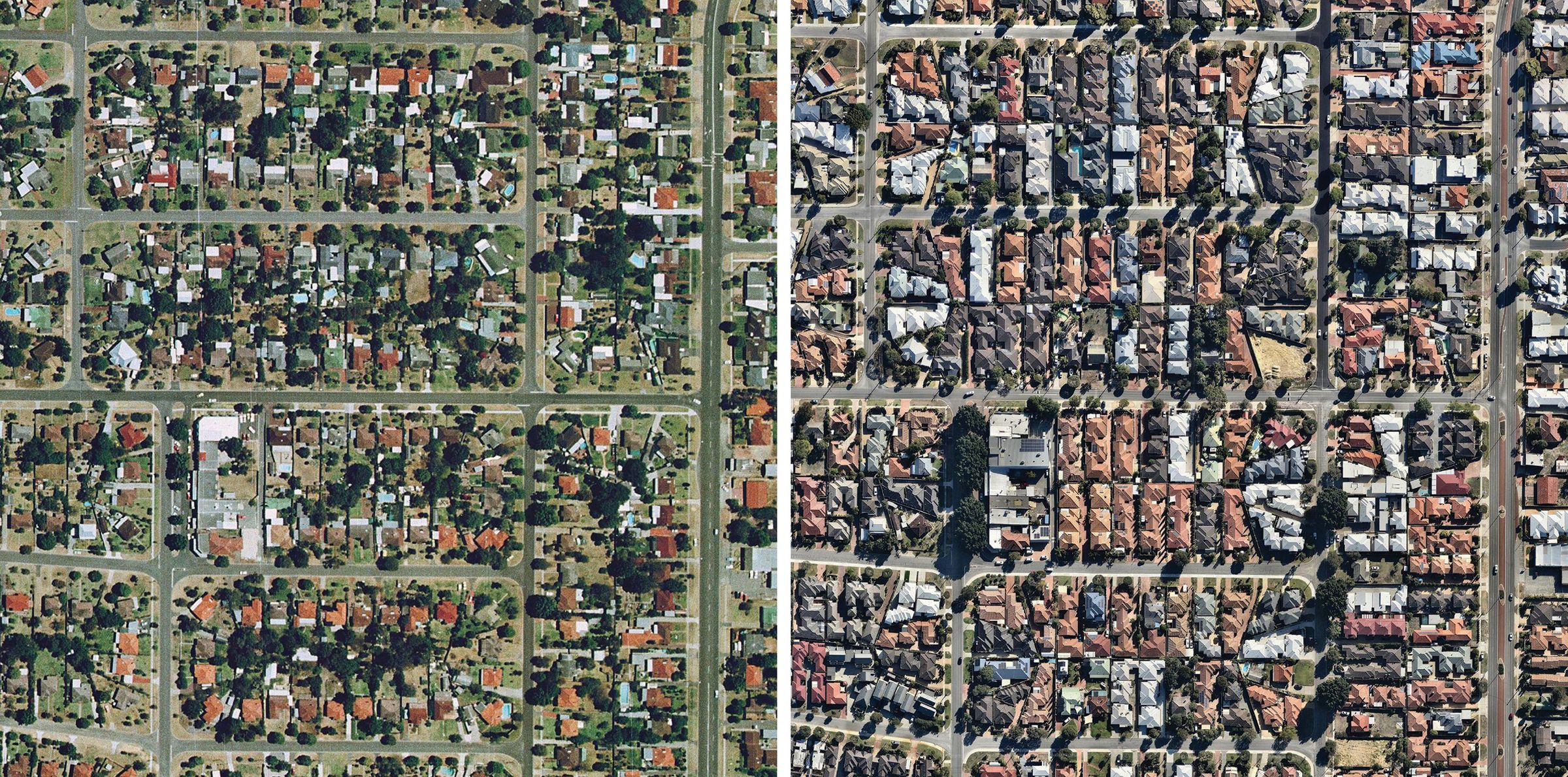 Two birds-eye views of the same suburban neighbourhood with increasing amounts of housing and decreasing amounts of green space and trees