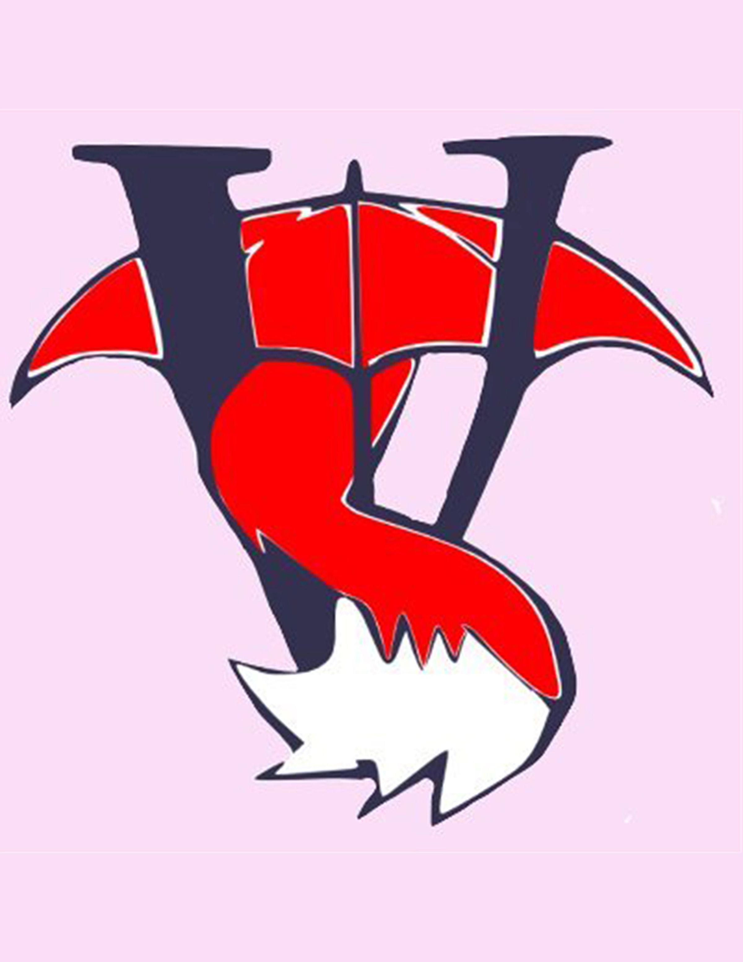 A logo on a pink background of a red and white fox tail coming out from underneath a red umbrella and wrapped around the a large, purple letter V