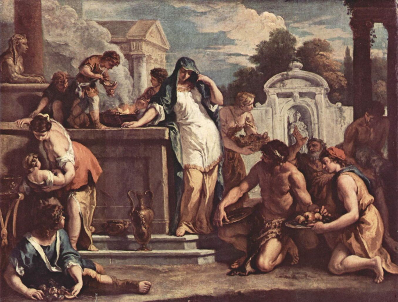 A painting of a woman in a white dress and green veil standing at a fountain with a bare-chested man and robed woman on their knees in front of her offering her a platter of fruits. Women, men and children in the background in various poses