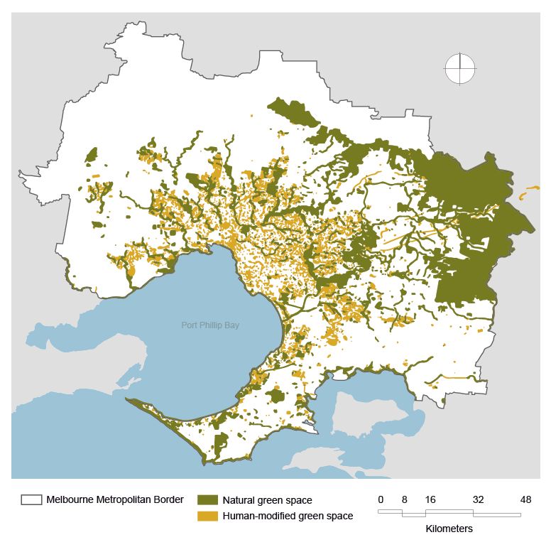 A map of Metropolitan Melbourne showing natural green spaces in green and human modified green spaces in yellow