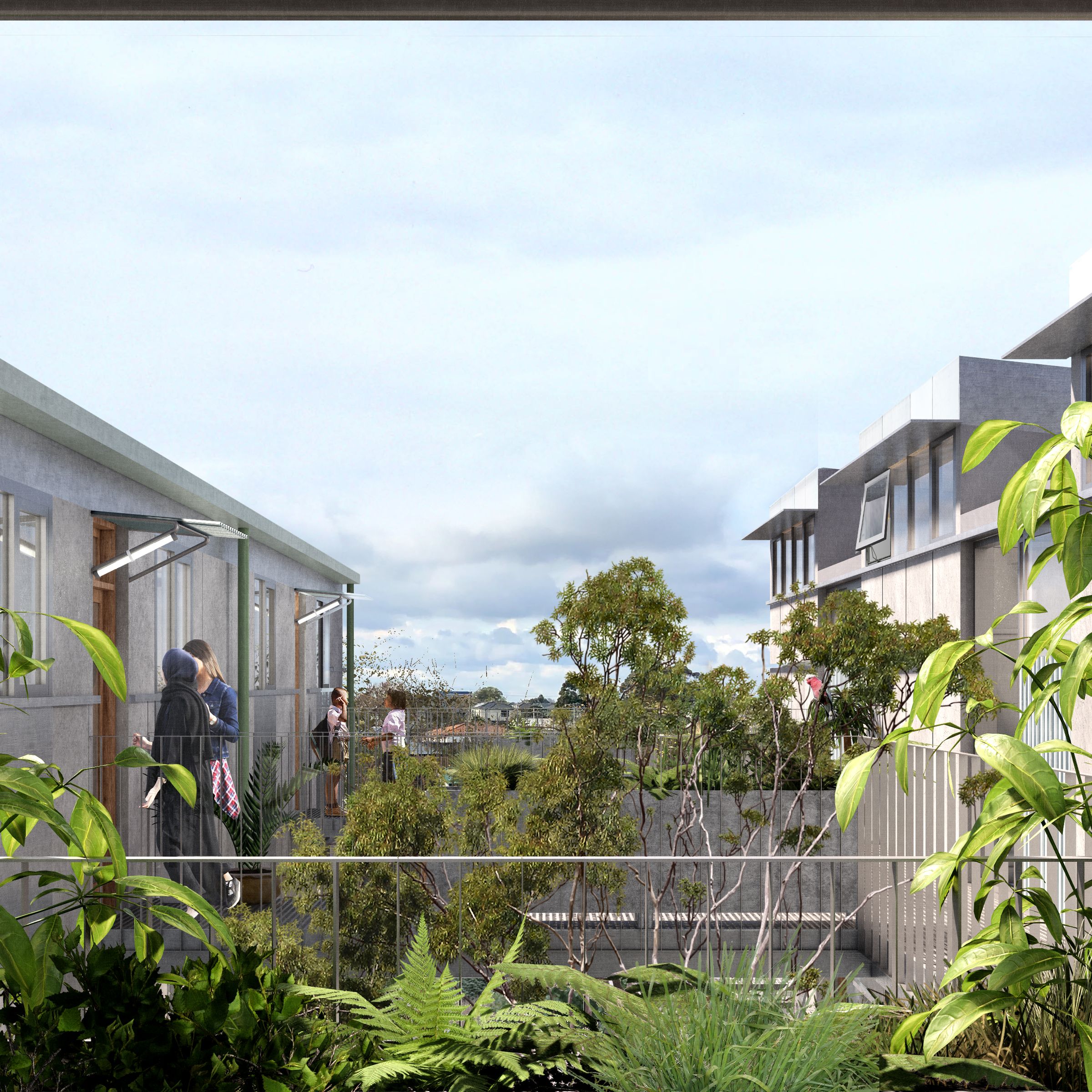 Achitectural visualisation of a Future Homes Exemplar Project by LIAN. The image shows the upper levels of a medium density apartment building with plants and an external corridor where people are talking.