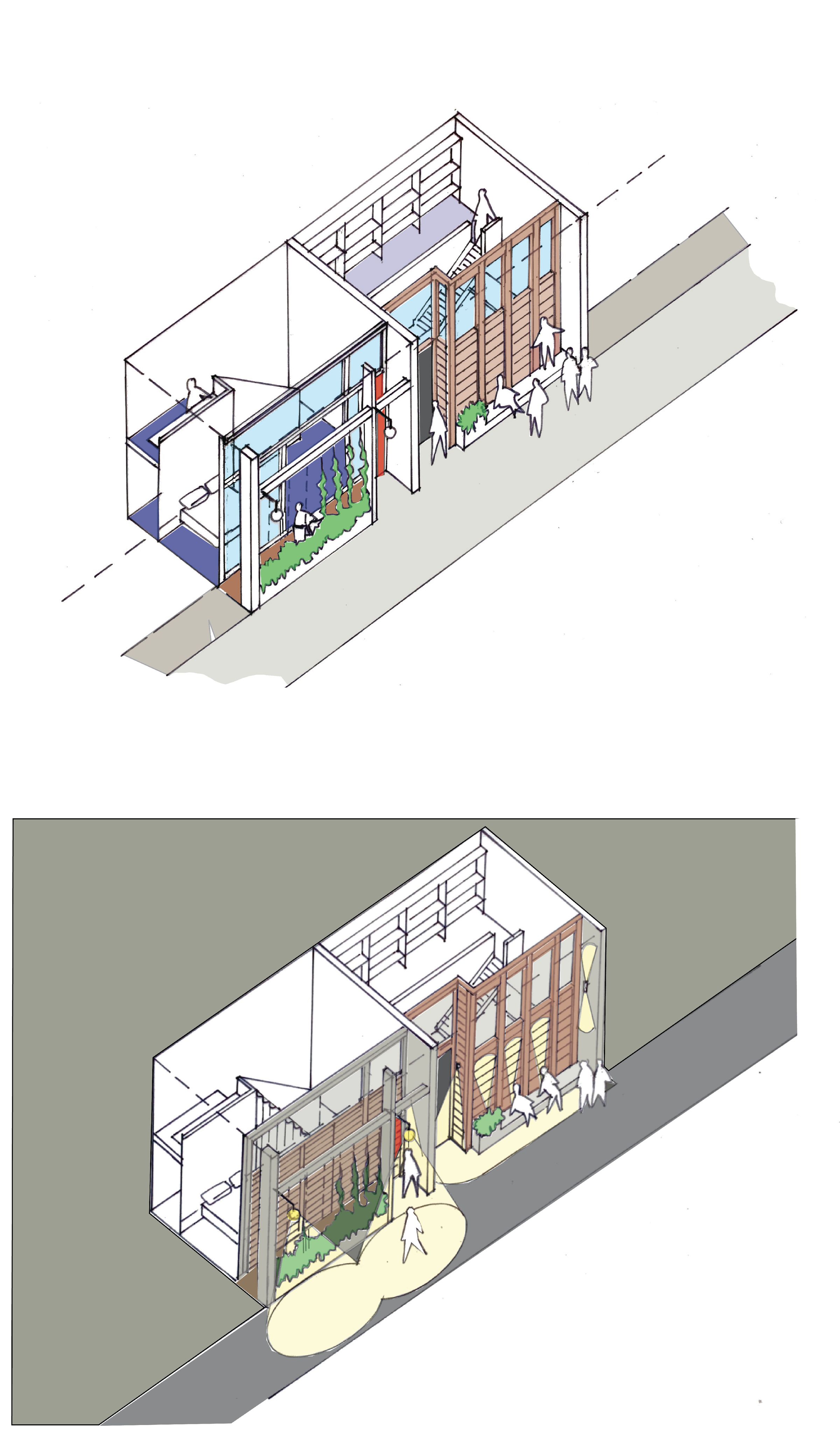 Illustrations of re-imagined frontages for the Forest Hill Precinct. There are two illustrations, one showing the re-imagined frontage during the day and one at night. The frontage shows greening, operable shading, seating and integrated lighting.
