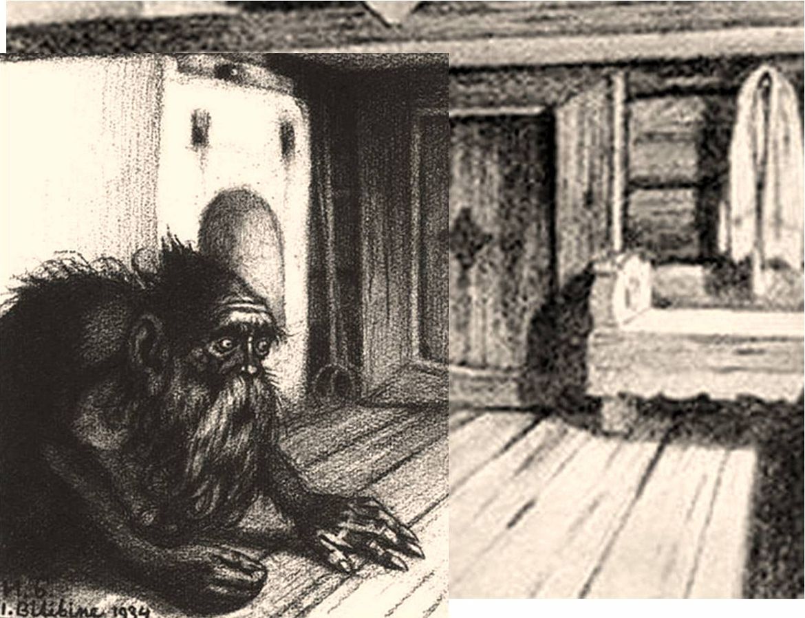 A sketch of a hairy bearded monster with claws crawling along a wooden floor in a cabin-style room with a carved bed and heavy door