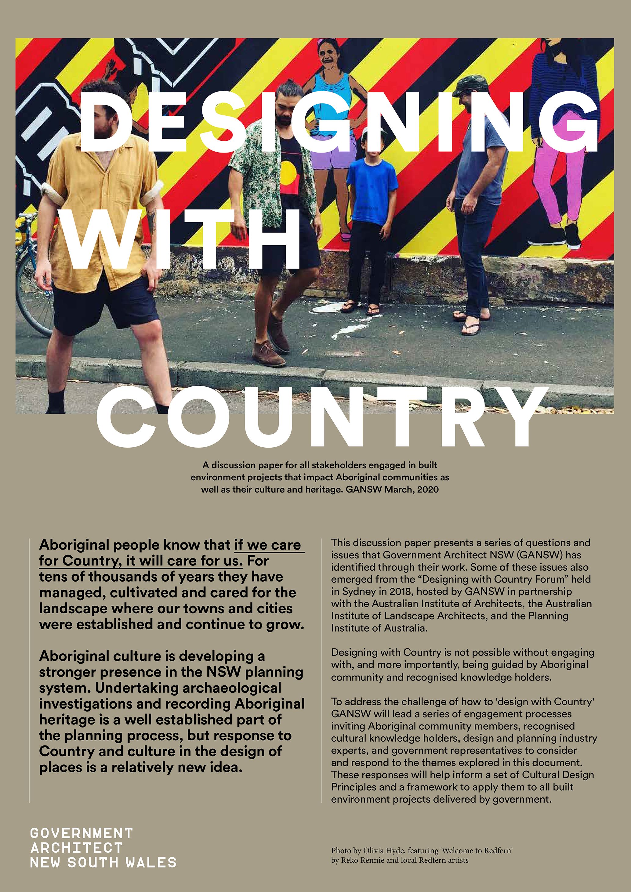 A report with a half page image of a wall mural of red, yellow and black stripes four people walking along the street, one who is wearing a t-shirt with the Aboriginal flag on it. The words 'designing with country' site over the image in white text