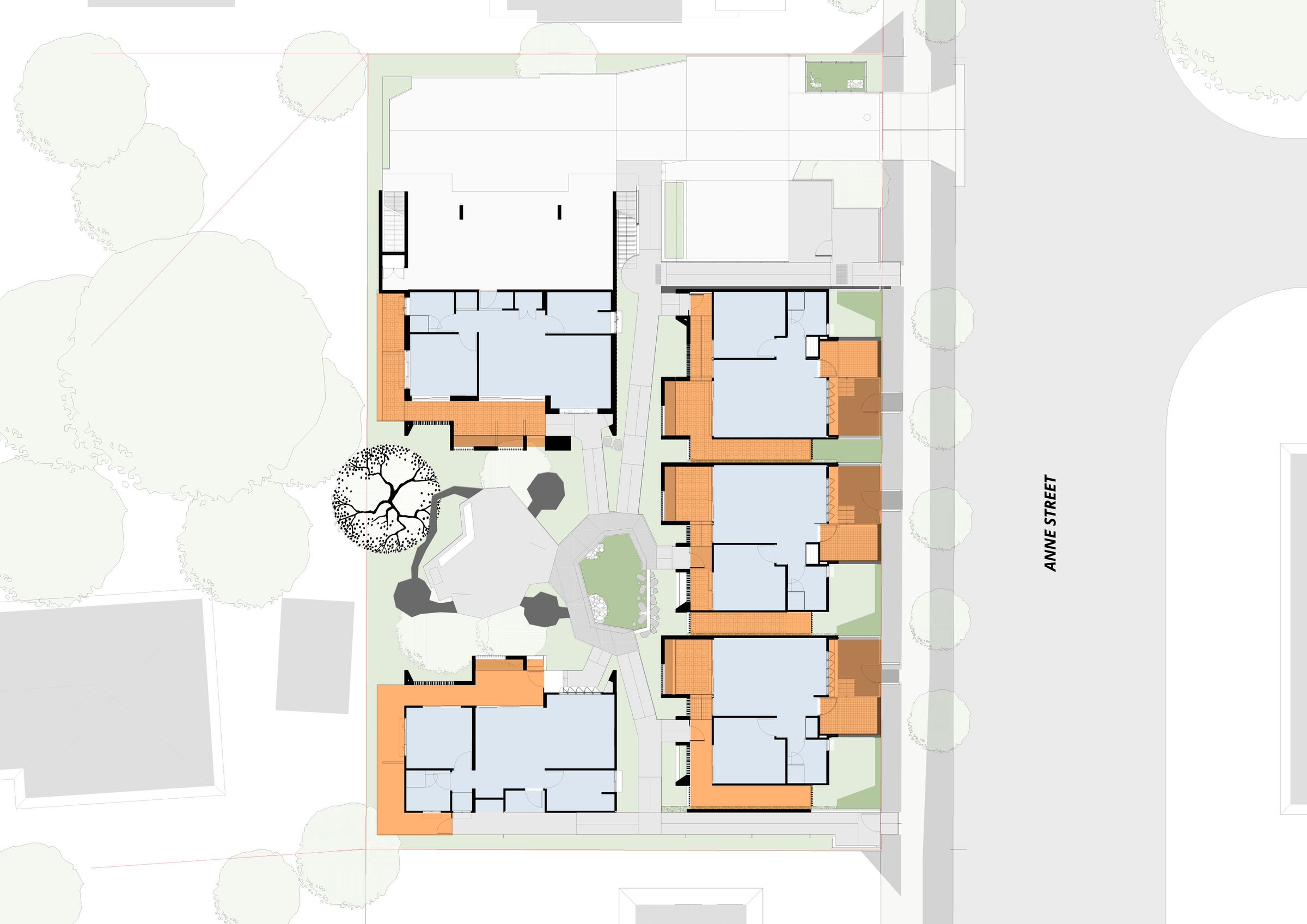 Site diagram showing the private outdoor space surrounding each unit in an orange fill