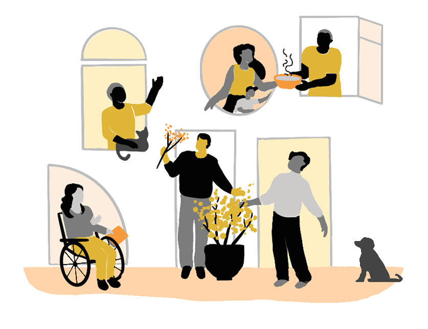 Diagram illustrating the key finding 'Building community within the development is at the core' showing the facade of a building with people greeting each other and sharing food through windows.