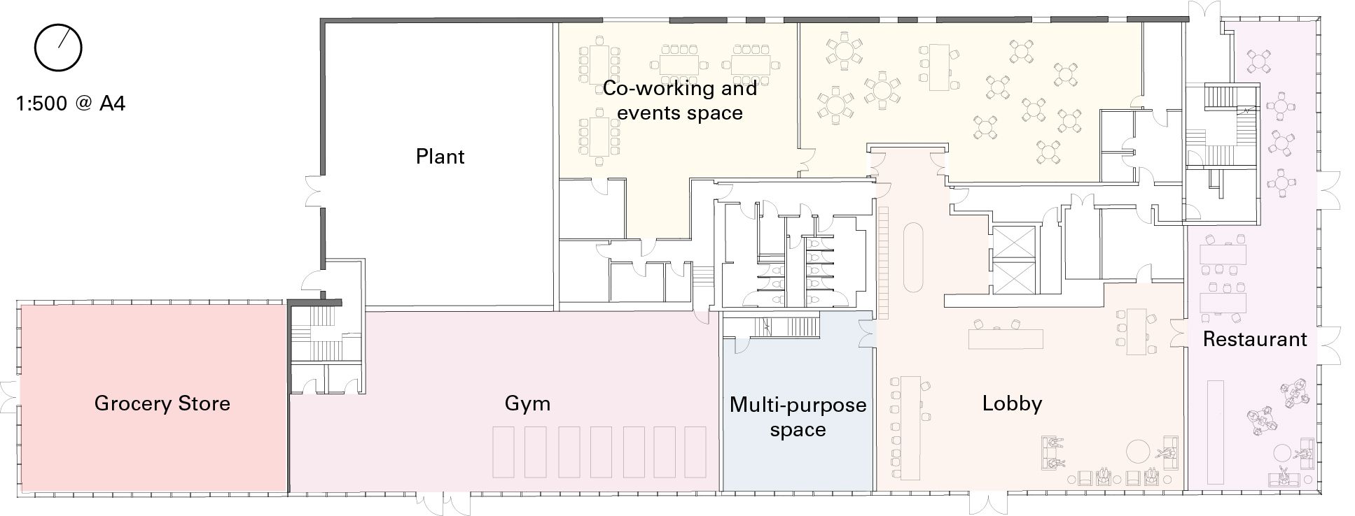 An architectural floorplan showing ground space uses including a grocery store, plant, gym, multi-purpose space, lobby, restaurant and co-working and events space