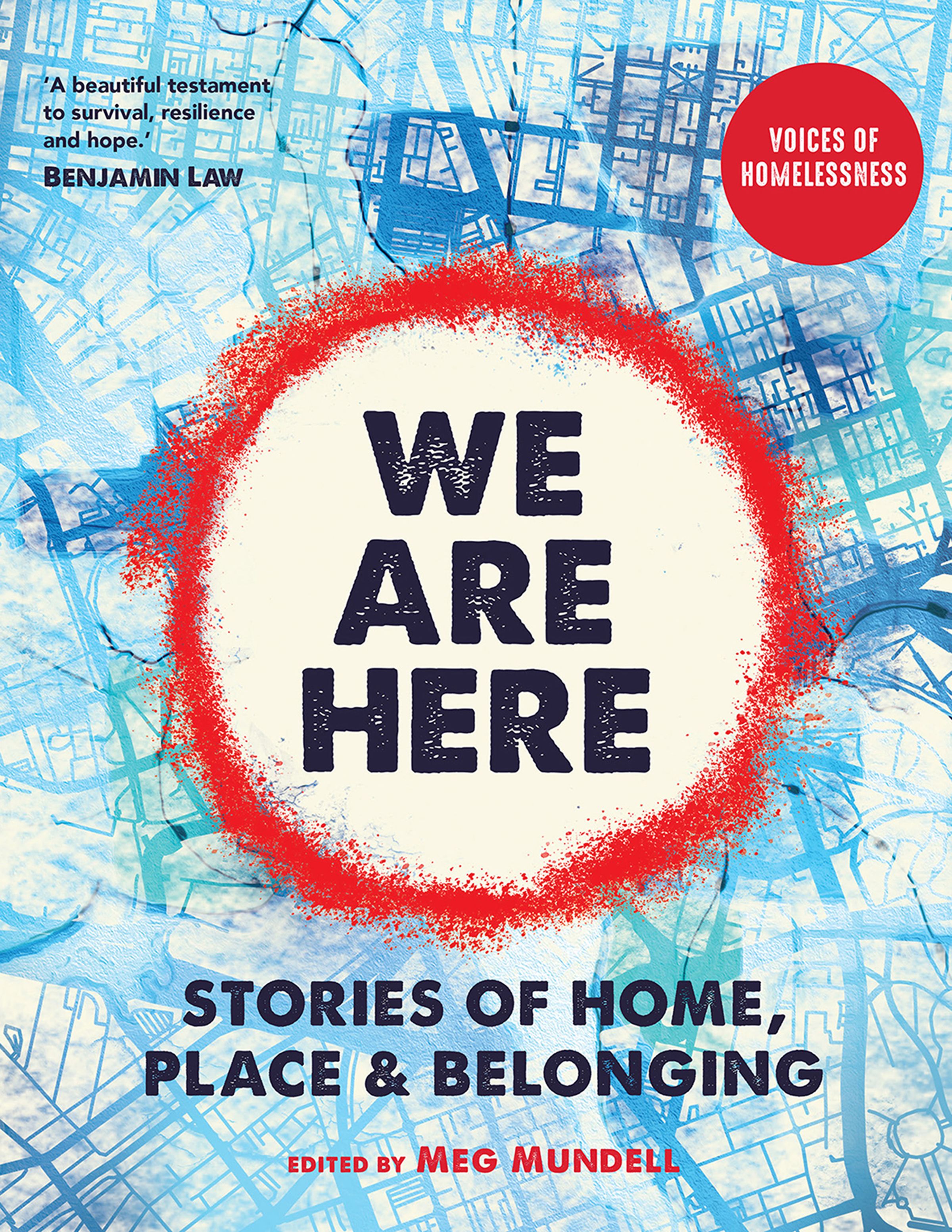 A book cover entitled We Are Here: Stories of Home, Place & Belonging by Meg Mundell