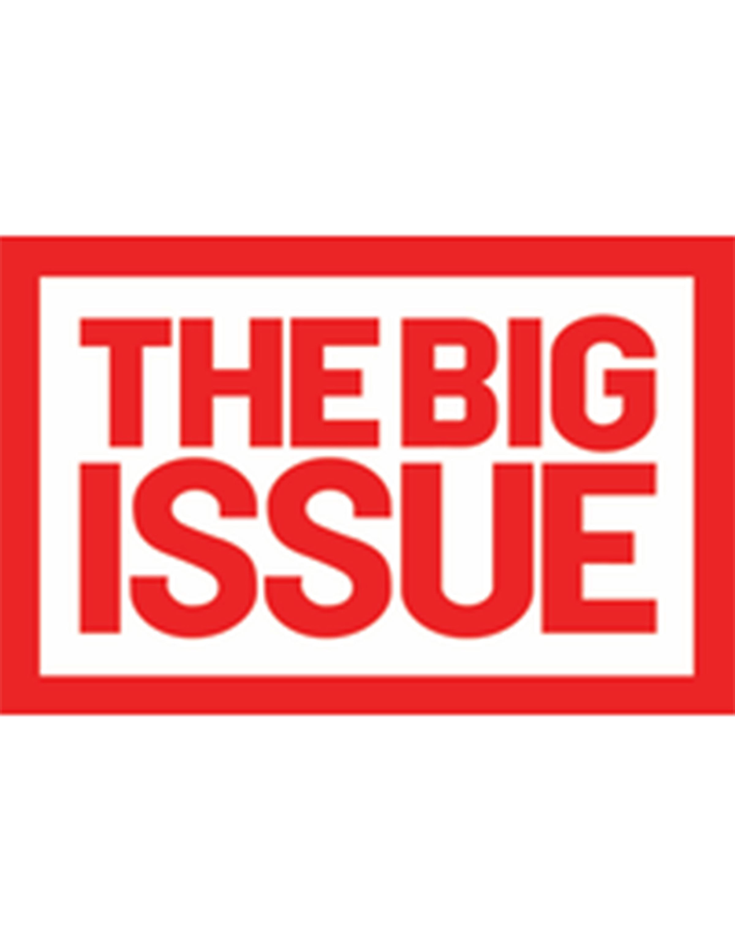 A red and white logo with large block text in red capital letters reading THE BIG ISSUE in a red rectangle frame