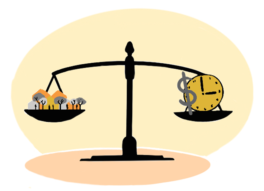 Diagram illustrating the key finding 'Prioritise long-term good design outcomes in the budget' showing the scale of justice with trees and people on one side of the scale, and a clock and dollar sign on the other side.