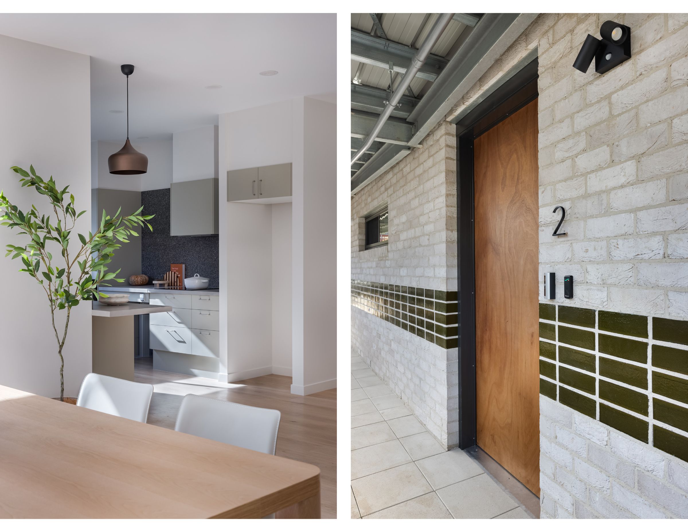 Two photos. The first showing a doorway where tracking or navigating to entrances is aided by  contrasting material textures and colours in the brickwork, door frame and tactile numbers. The second is a photo of a kitchen showing how contrasting colours are incorporated into kitchen surfaces and finishes.