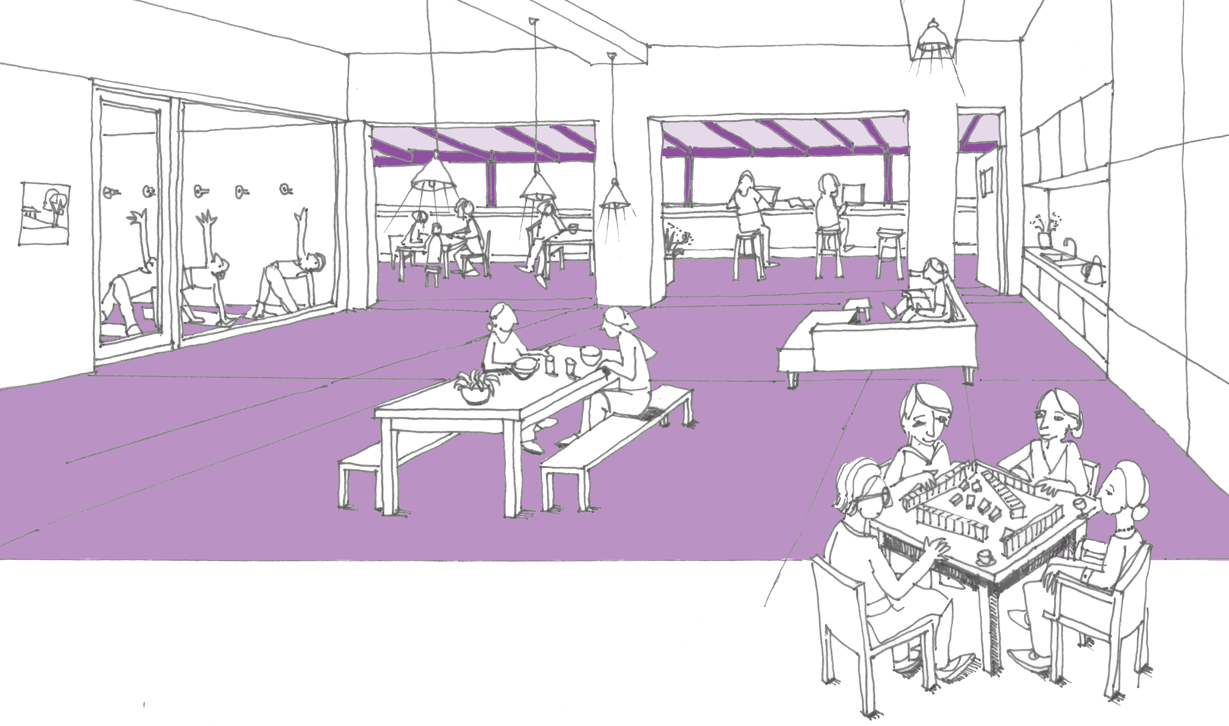 Sketch of communal indoor space from 'A Design Guide for Older Women's Housing'