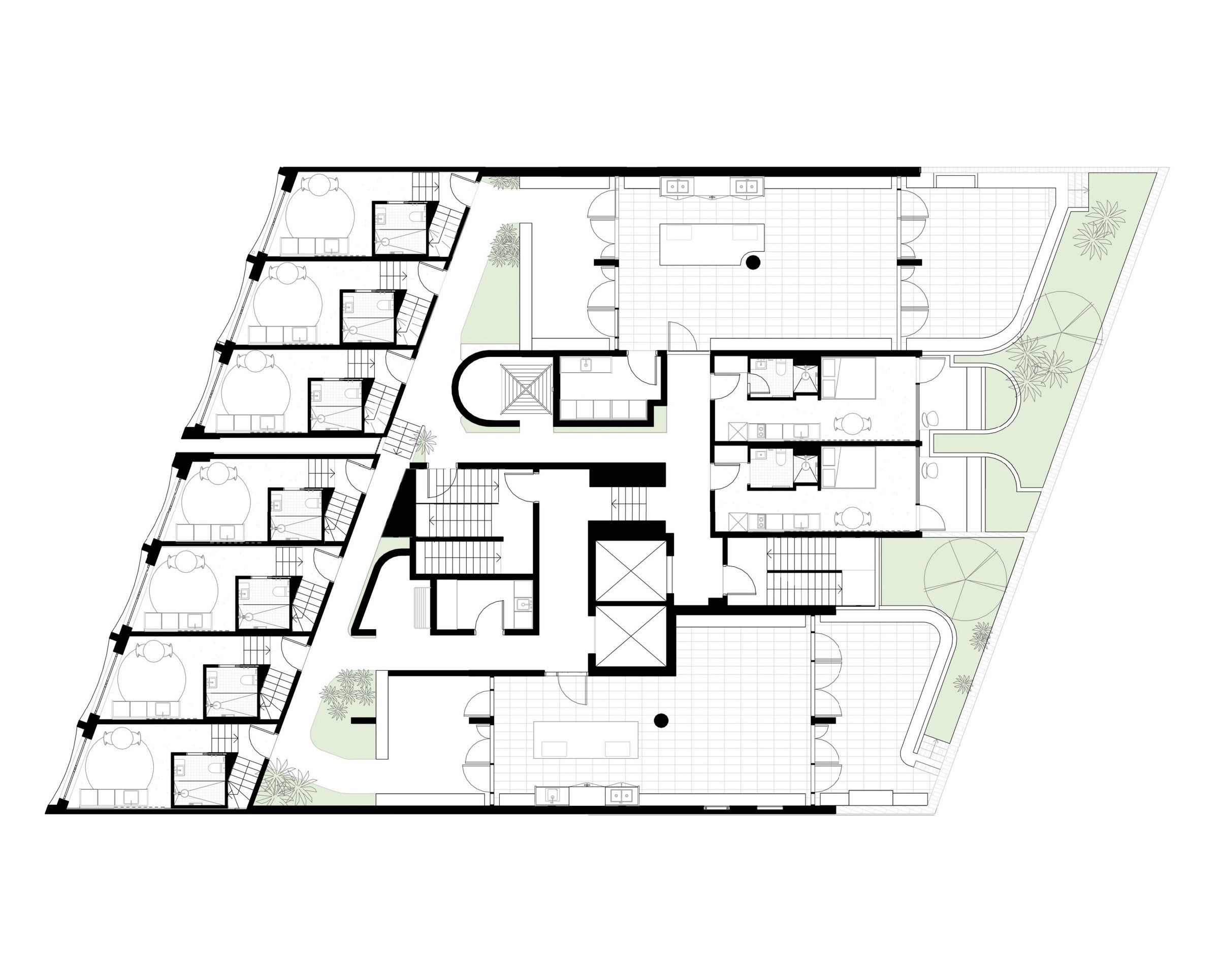 Level 1 floor plan of Nightingale Marrickville showing communal spaces shared across both buildings and Teilhaus rooms