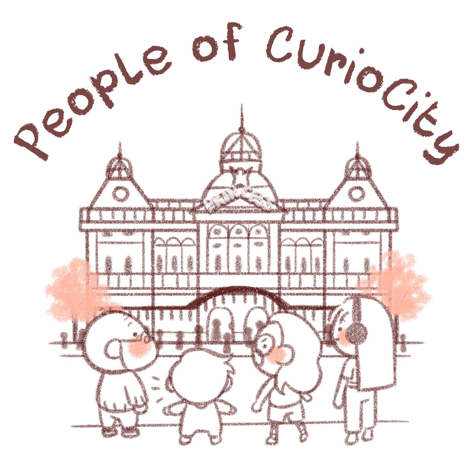 Illustration of the characters from the game People of CurioCity approaching the princess theatre.