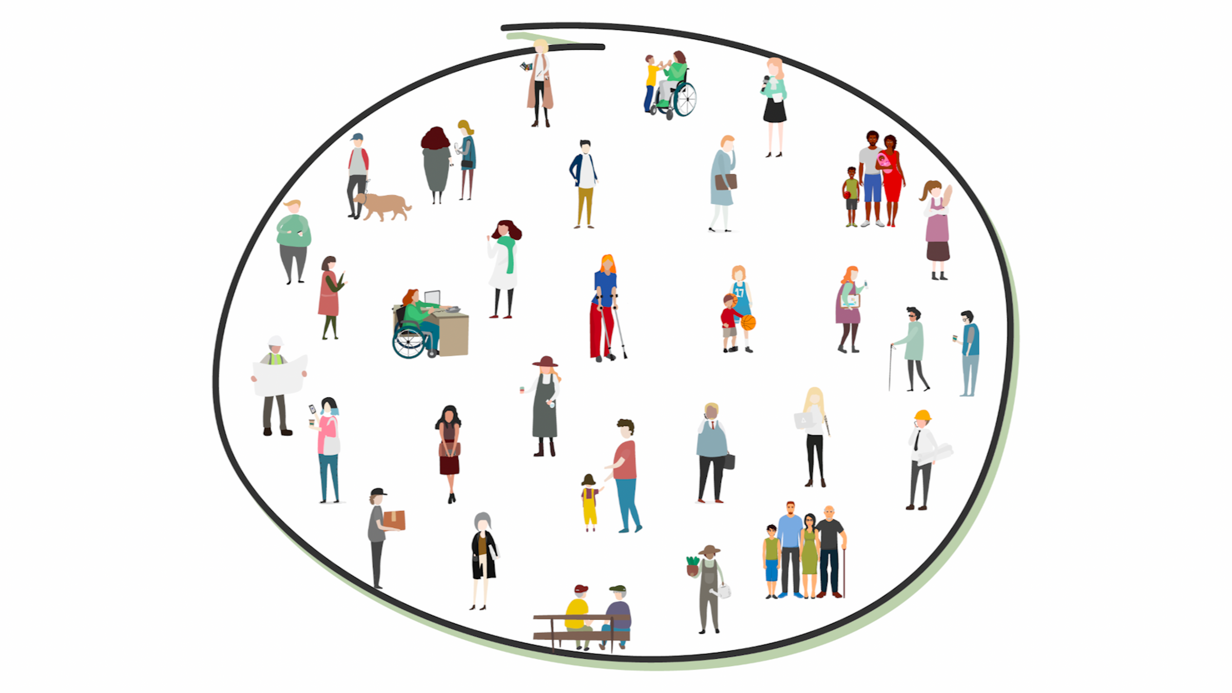 An illustration of all differently abled and different aged people in a circle.